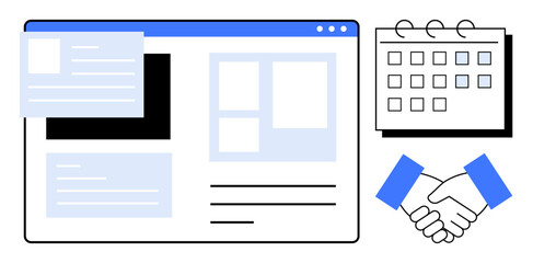 Digital interface symbolizes project planning, calendar emphasizes scheduling, and handshake conveys teamwork. Ideal for time management, workflow efficiency, partnerships, productivity, scheduling