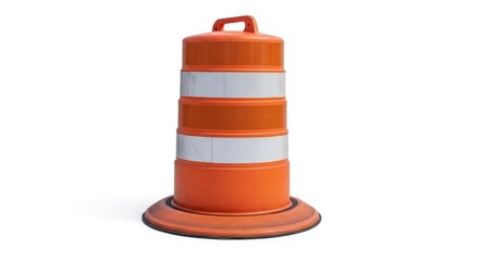 An orange and white traffic barrel with reflective stripes and a black weighted base stands against a plain white background showing some wear