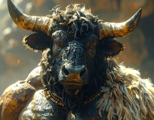 Close-up of a muscular creature with bull-like features and golden accents