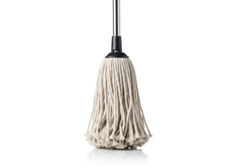 An upright mop featuring a metallic handle a black plastic connector and a head of light-colored string strands resting on a white surface with a subtle reflection