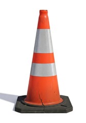 An orange traffic cone with white reflective bands and a cracked black base stands on a white background casting a shadow