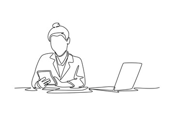 Business women using calculator at working with financial report. Budget planning concept. Single line draw design. Vector graphic illustration