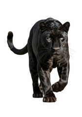 Black big cat with piercing green eyes walks forward on a white background Its dark fur shows subtle rosettes claws visible
