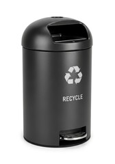 Black cylindrical recycling bin domed lid with slot foot pedal white recycling symbol and RECYCLE text