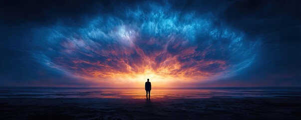 Fototapeta premium Overwhelmed person under exploding cloud concept. A person standing against a stunning sunset, contemplating life.