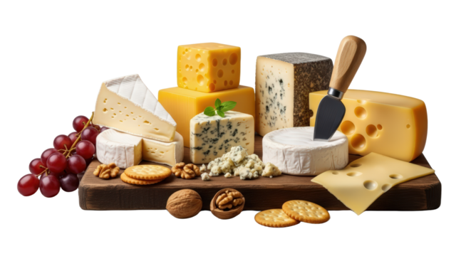 Assortment Of Cheeses Nuts Crackers And Grapes On A Wooden Board With A Cheese Knife isolated on Transparent Background