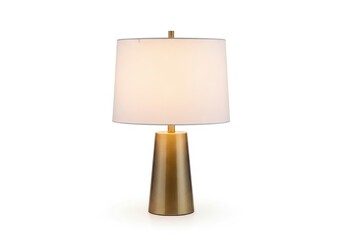 Illuminated table lamp with a white shade and a brushed metallic tapered base The fixture rests on a clean white surface