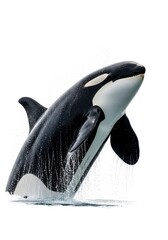 Large black and white marine mammal breaches covered in water droplets against a stark white background