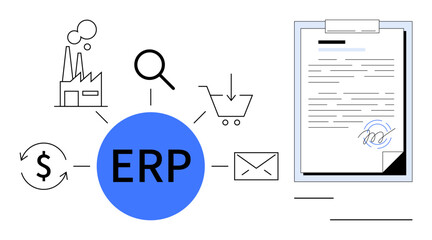 ERP in bold at the center links to factory, shopping cart, dollar symbol, document, magnifying glass. Ideal for business integration, process management, workflow optimization, data centralization