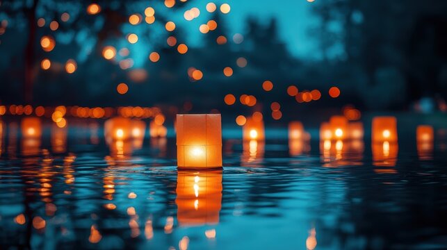 Floating lanterns on water at night, peaceful scene, possible use for greeting card, poster