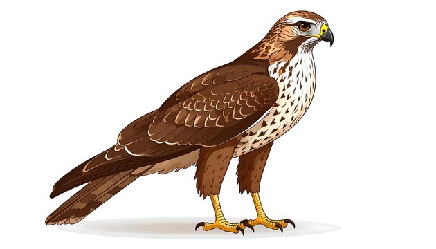 Digitally created illustration of a hawk with brown and white feathers, yellow legs, and a hooked beak, poised on a white background
