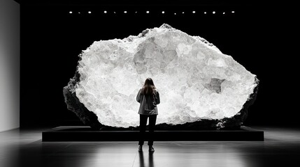 A person stands before a large, illuminated crystal sculpture in a dark, minimalist gallery space, admiring its grandeur