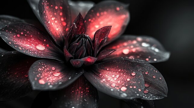 Close-up of a dark flower with red highlights, raindrops.  Possible use Botanical photography, flower wallpaper