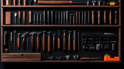 Overhead shot of a tool shelf with various hand tools meticulously arranged. Dark background contrasts wooden handles & metal heads
