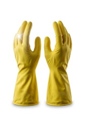 Two yellow rubber cleaning gloves stand upright on a white background appearing to cup something with a shine on the left glove