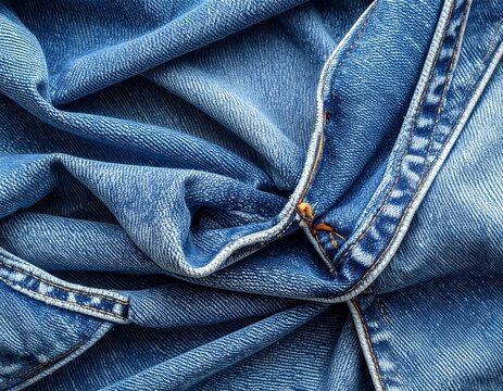 Close-up of blue denim fabric with visible stitching and folds