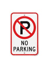 White rectangular sign with rounded corners red border a red circle with a diagonal line over a black P and NO PARKING text