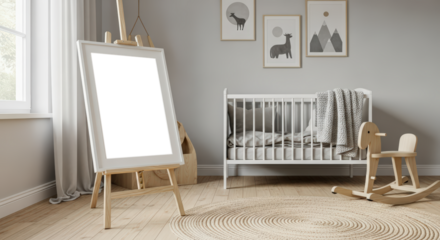 Blank Canvas On Easel In Bright Nursery Room With Crib Rocking Horse And Animal Art isolated on Transparent Background