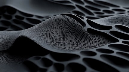 Abstract render of flowing, undulating surface with interconnected, oval-shaped voids, creating a textured pattern