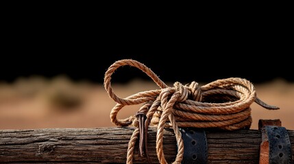 Close-up of coiled rope atop a weathered wooden fence rail, against a blurred desert backdrop