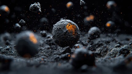 Abstract composition of dark, textured spheres with glowing orange highlights against a backdrop of specks and debris