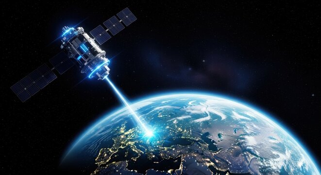 Satellite weapon fires powerful laser beam down at earth from orbit. illustration