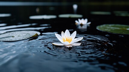 Tranquil scene featuring white water lilies floating serenely on dark, rippled water, amidst lily pads