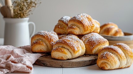 A close-up showcases golden, flaky pastries dusted with powdered sugar, arranged on a wooden board. A jug and linen add rustic charm