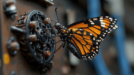 A monarch butterfly with vibrant orange wings rests atop a rusted, industrial mechanism with intricate metalwork and a blurred background