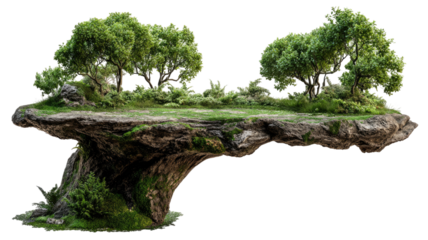 Lush miniature forest growing on floating rocky island with dense green trees and natural moss vegetation isolated on white background