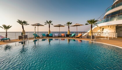 Fototapeta premium an infinity pool aboard a luxury cruise ship surrounded by sun loungers, umbrellas, and palm trees.