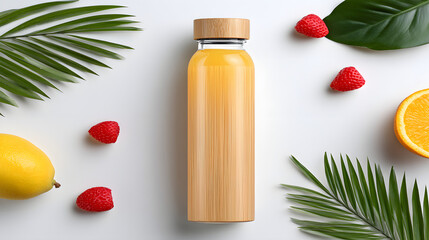 Bottle bamboo juice orange lemon raspberry tropical fresh organic healthy Smooth bamboo bottle with orange juice, lemon, raspberry, and tropical palm leaves white background, minimal style
