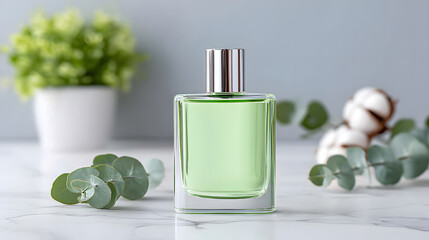 Green perfume bottle glass minimalist silver cap eucalyptus cotton marble soft light fresh organic