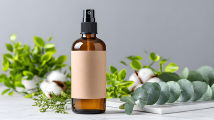 Amber glass spray bottle skincare organic natural frosted background minimal cosmetic serum mockup label