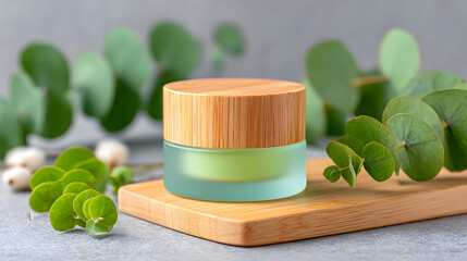 Organic face cream bamboo lid frosted glass jar natural skincare eucalyptus leaves spa cosmetic container eco friendly minimal wellness. Elegant eco friendly organic face cream frosted glass jar