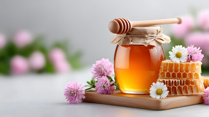 Honey jar wooden dipper kraft paper label flowers daisies honeycomb. Golden honey glass jar with kraft paper label and wooden dipper, surrounded by daisies and pink flowers, fresh honeycomb wooden