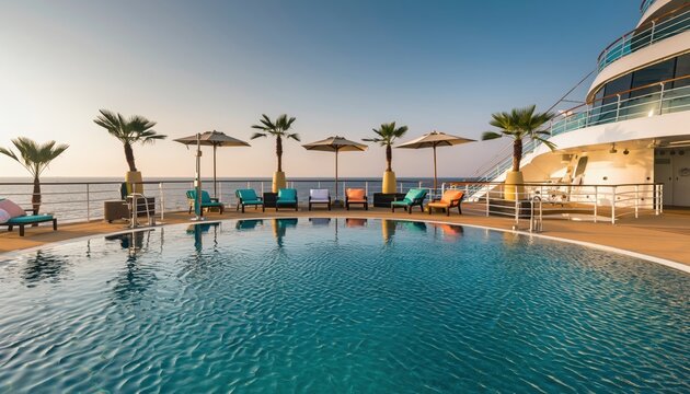  an infinity pool aboard a luxury cruise ship surrounded by sun loungers, umbrellas, and palm trees.