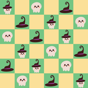 cute pattern with skull and witch hat and halloween element drawing in patchwork background