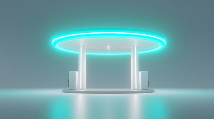 Futuristic station electric vehicle charging neon light minimal modern clean circular canopy white glossy surface. Futuristic mood quiet scene sleek design eco concept technology focus