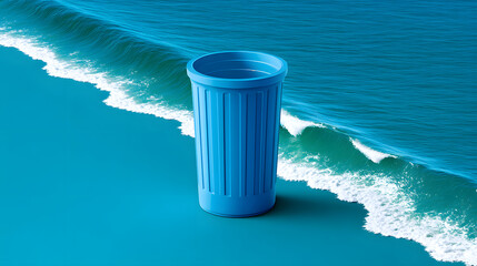 Ocean pollution plastic waste blue cup coastline ocean wave environmental concept marine debris surreal minimal clean