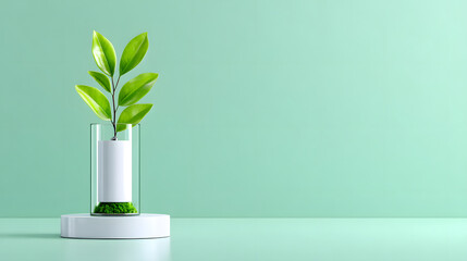 Sustainability eco friendly green energy renewable clean power leaf icon battery symbol minimal modern pastel green glass cylinder white pedestal plant growth eco design environment conservation