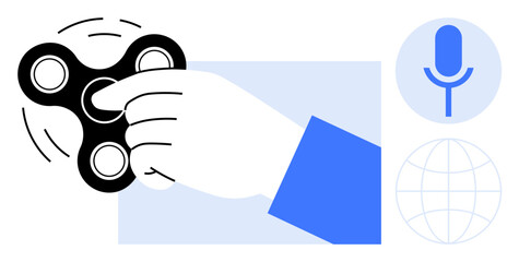 Hand holding spinning fidget spinner, paired with microphone and globe symbols suggesting multitasking, creativity, or communication. Ideal for focus, stress relief, innovation, technology, learning