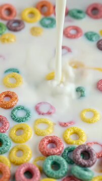 Colorful Cereal Pouring Milk in Bowl Breakfast Food Close Up