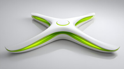 Futuristic minimalist white green cross propeller turbine aerodynamic smooth glossy plastic metal modern clean curved symmetrical top view concept design energy eco renewable technology object