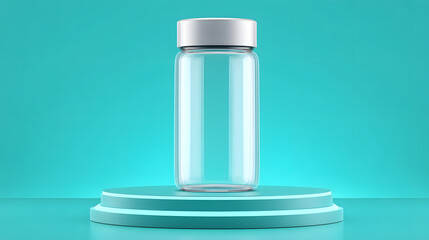 Transparent jar empty container clear glass silver lid teal background pedestal display minimal design product mockup cosmetic packaging food storage cheerful