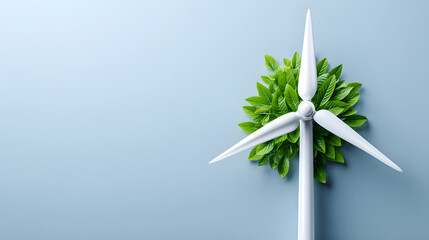 White wind turbine renewable energy green leaves eco friendly minimal design top view clean power sustainability modern blue background
