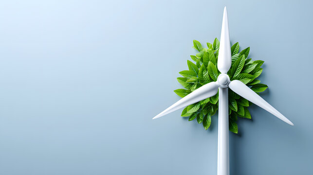 White wind turbine renewable energy green leaves eco friendly minimal design top view clean power sustainability modern blue background