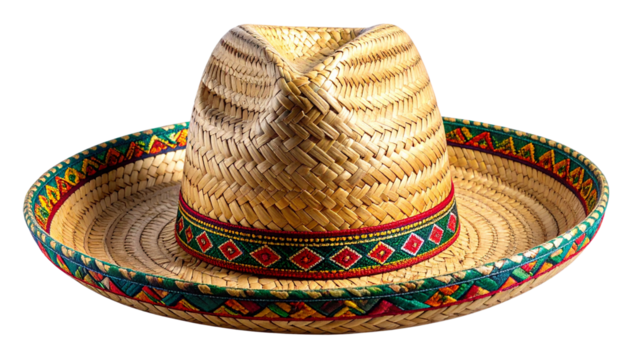 Hand-Woven Straw Sombrero Hat with Embroidered Geometric Trim Isolated on Transparent Background