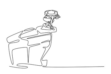 Hiker sits on a cliff. Travel experience concept. Single line draw design. Vector graphic illustration