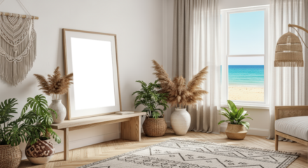 Bohemian Living Room with Coastal View Natural Light and Macrame Decor